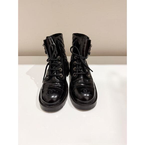 CHANEL Shiny Calfskin Quilted Lace Up Combat Boots with Metal Logo Black EU 37 - Picture 4 of 9